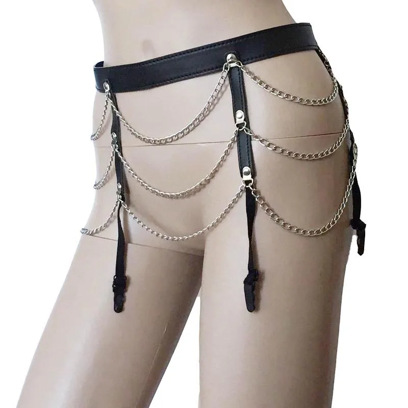 Women Black Pu Leather Gothic Fetish 4 Wide Straps Buckles Iron Chain Tassel Sexy Garter Belt For Stockings Suspenders