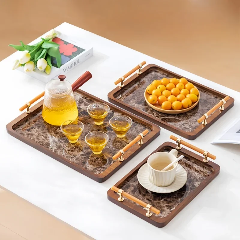 Modern Bamboo and Plastic Chassis Handle Storage Trays for Placing Tea Sets Cakes Fruits Food and Sundries Storage Dinner Plates