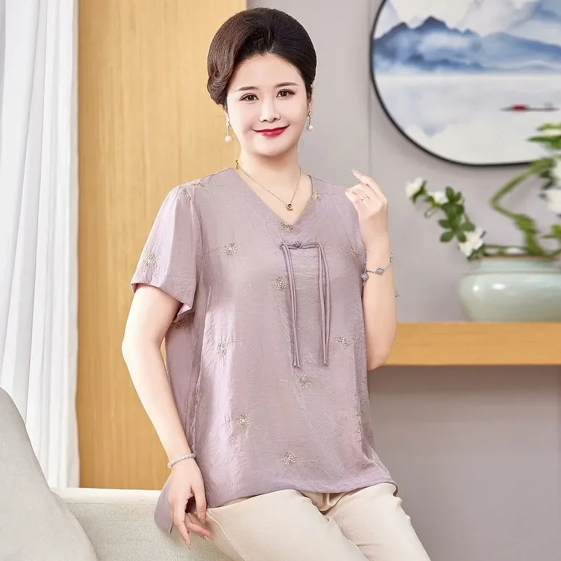 Middle-aged and Elderly Women's Summer Short-sleeved T-shirt Plus Fat Extra Large Size New Fat Mother's National Style Top