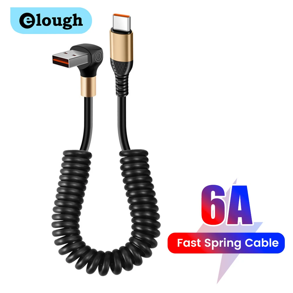 6A Dual Sided USB A Type C Cable Fast Charging 90° Elbow Car Spring Retractable  USB C Cable for iPhone 14 Xiaomi Samsung