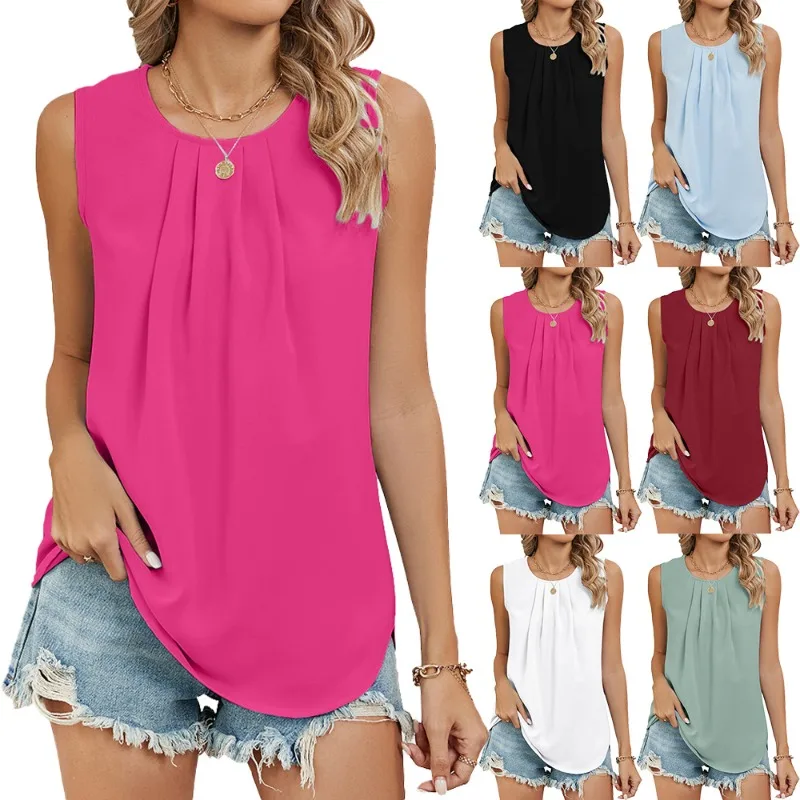 

Women's Summer Tank New Fashion Round Neck Loose Pleated Sleeveless Blouse Pleated Chiffon T Shirt for Women