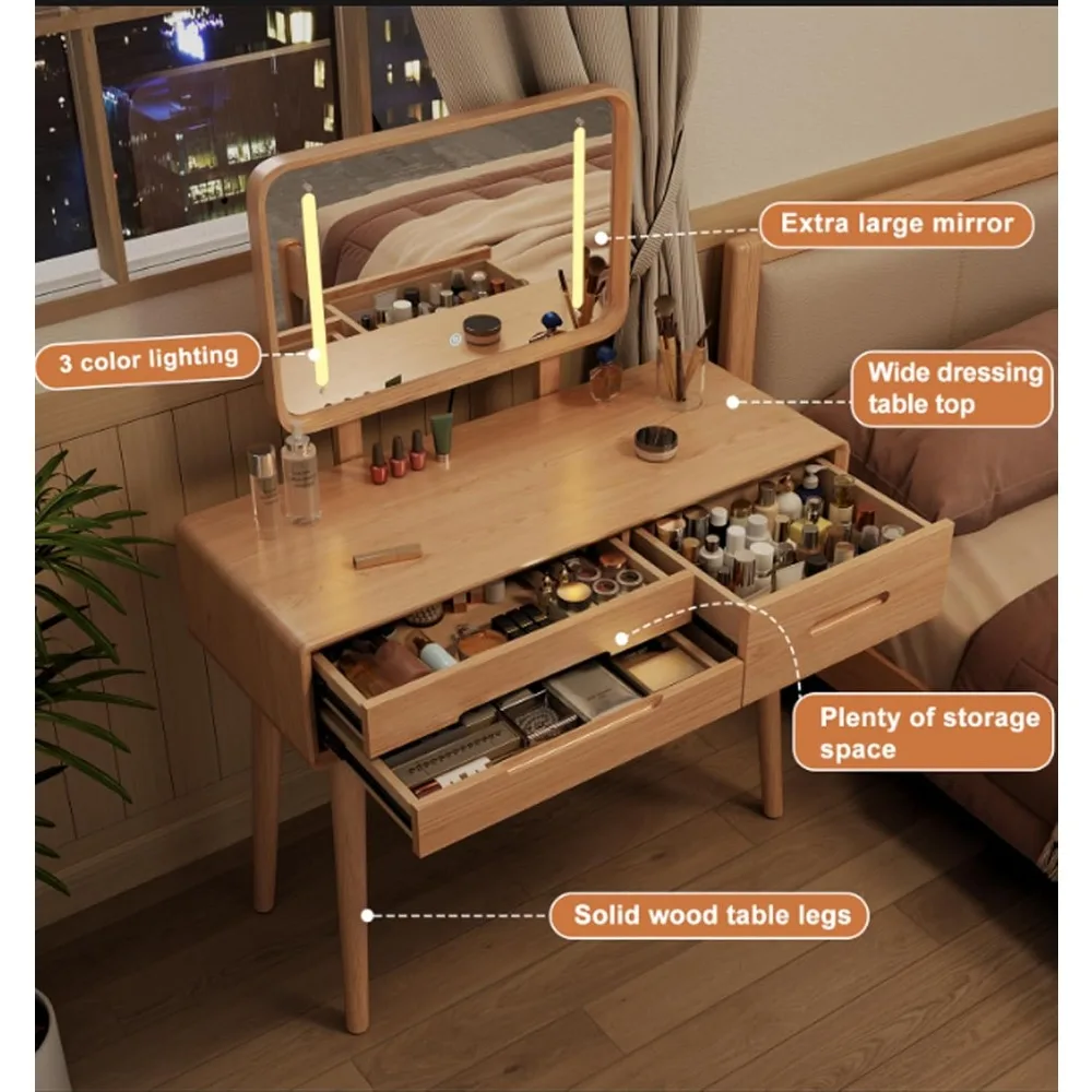 tr-Soild Wood Vanity Table 36 IN with Light Mirror High Adjustable, Make Up Desk Large Dressing Table 3 Lighting, Customized-