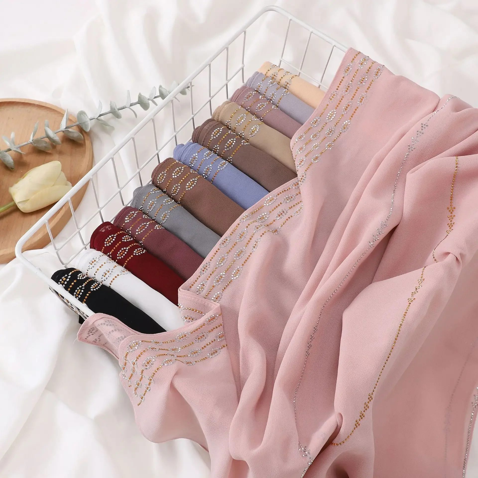 حجر الراين الصلبة الشيفون الحجاب وشاح امرأة مسلم الحجاب شال السيدات طويلة يلتف رمضان ماليزيا العرقية الحجاب الإسلام عمامة