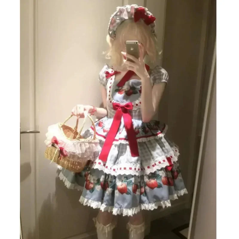 Bow Lolita Strawberry Puff Skirt Summer Retro Countryside Girl Cute Montage Street Square Collar Waist Short Skirt Stylish 2025