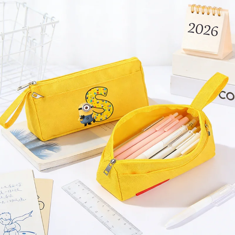 

Minionses Pencil Bag Cartoon Anime Letter A-Z Printed Stationery Boxes Large Capacity Simple Casual Pencil Box Birthday Gifts