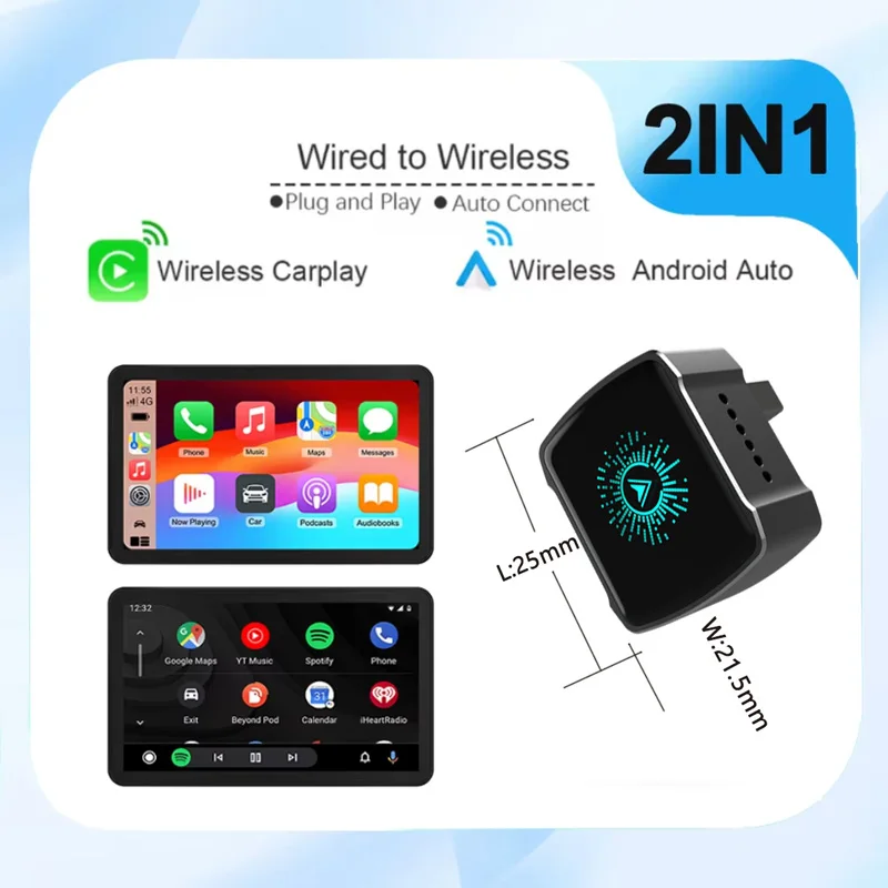 

2 in 1 Wired to Wireless Carplay&Android Auto Smart Dongle AI Box Mini Adapter Compatible with 99% of Cars Plug and Play WiFi