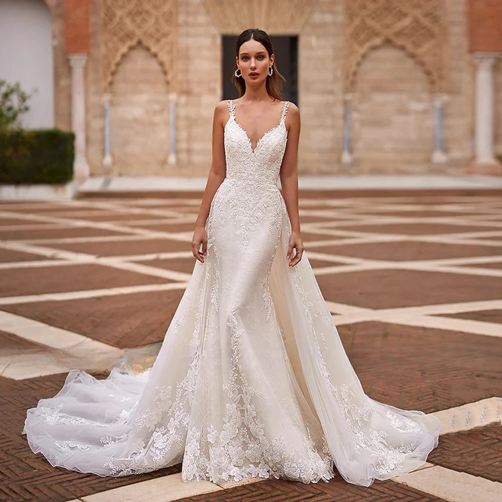 

Spaghetti Straps V Neck Vestido De Noiva with Detachable Train Gorgeous Mermaid Wedding Dresses Appliques Vestidos De Novia