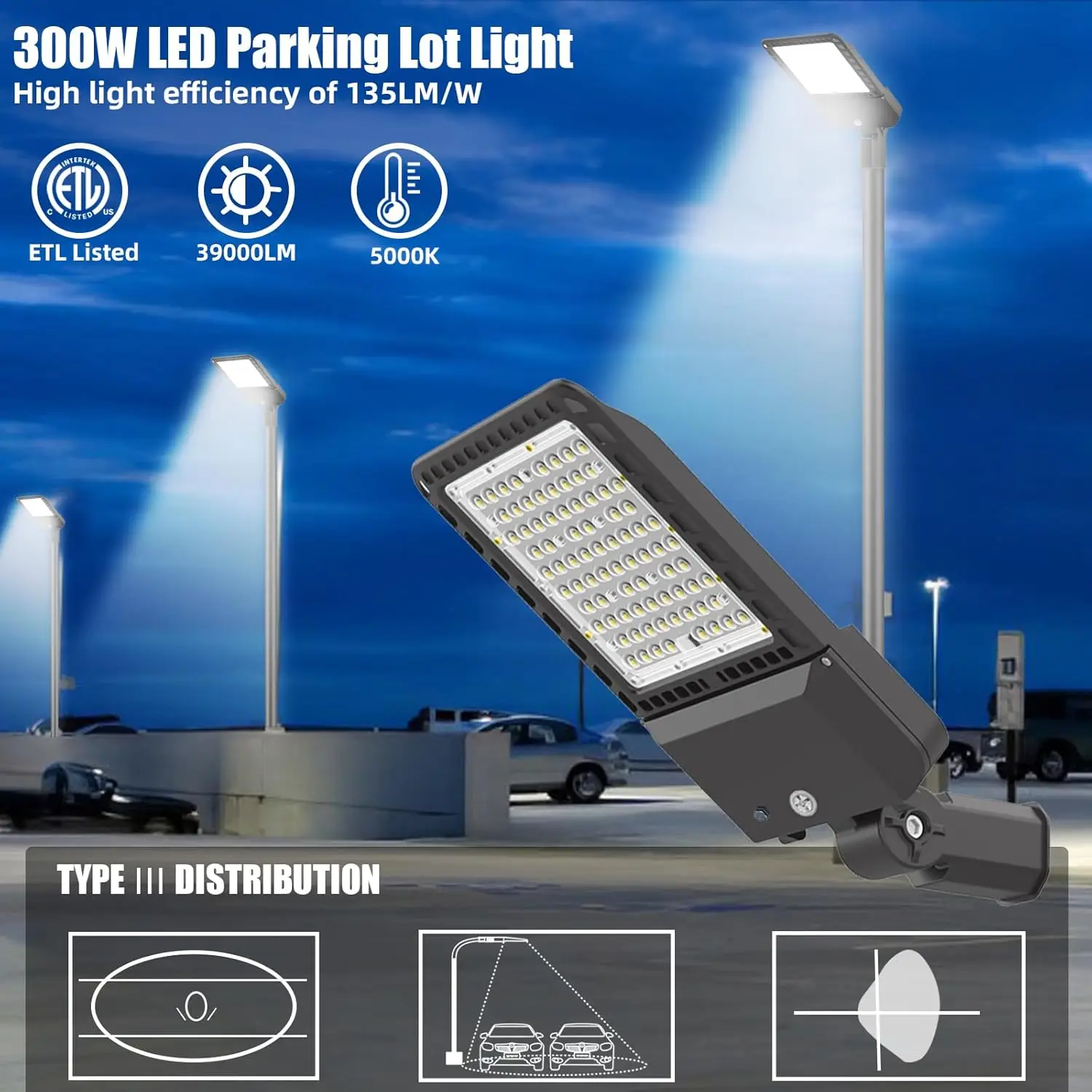 3 Pack 300W   Lot Lights Outdoor with Dusk to Dawn Slip Fitter, 39000LM 5000K Led Flood Lights, IP65 Waterproof Commer