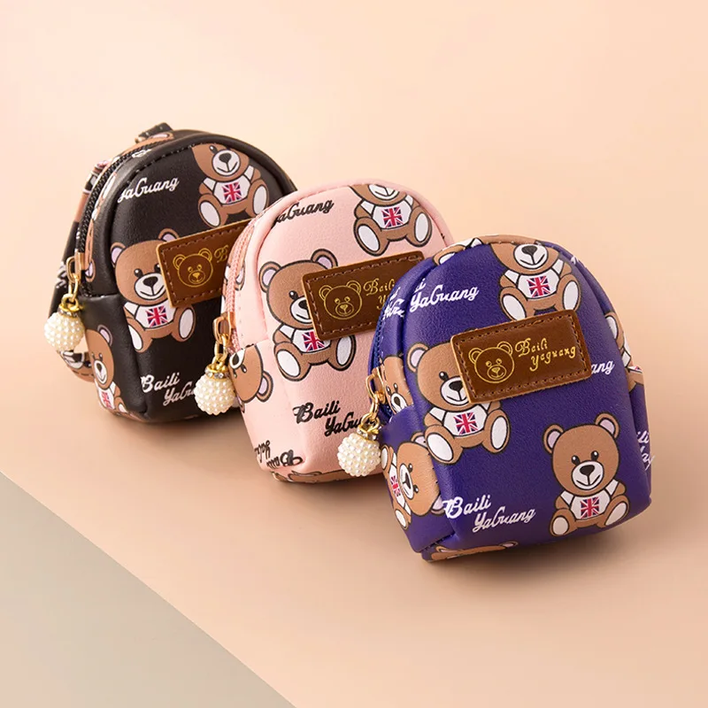 Kawaii Coin Purse Women's Bag Soft Leather Housekeeper Keychain Cartoon Bear Wallet Pouch Mini Portable Storage Bag Earphone Box