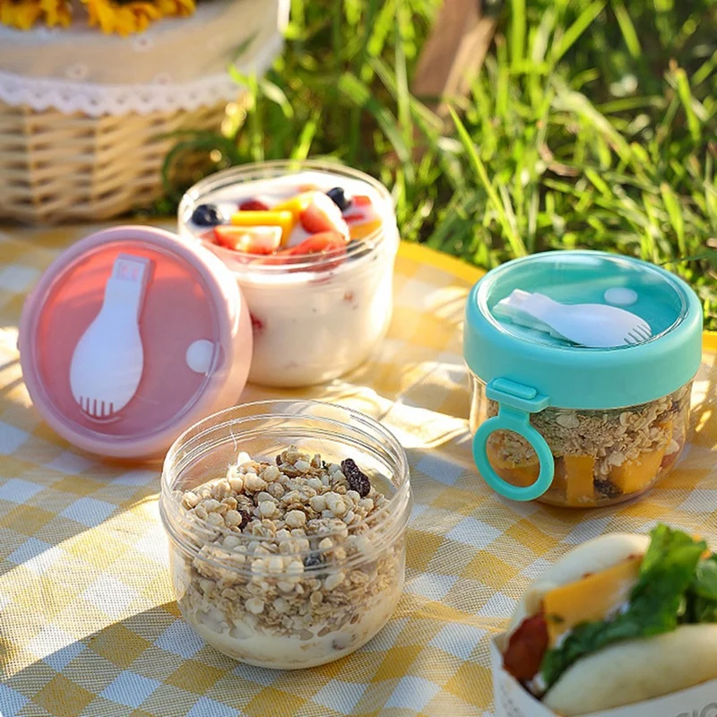 1Pcs Reusable Overnight Oat Container With Lid And Foldable Spoon, 600Ml Leak-Proof Oats Jar Portable Yogurt Cup