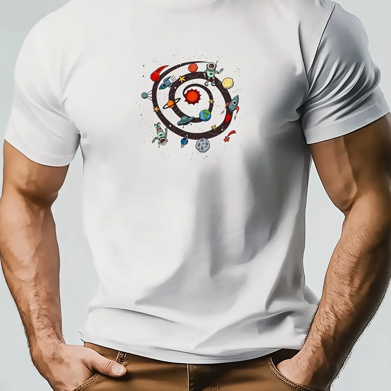 Men's Cotton Graphic T-Shirt Summer Casual Crew Neck with Artistic Cosmic Circle Design Men Clothing Comfortable