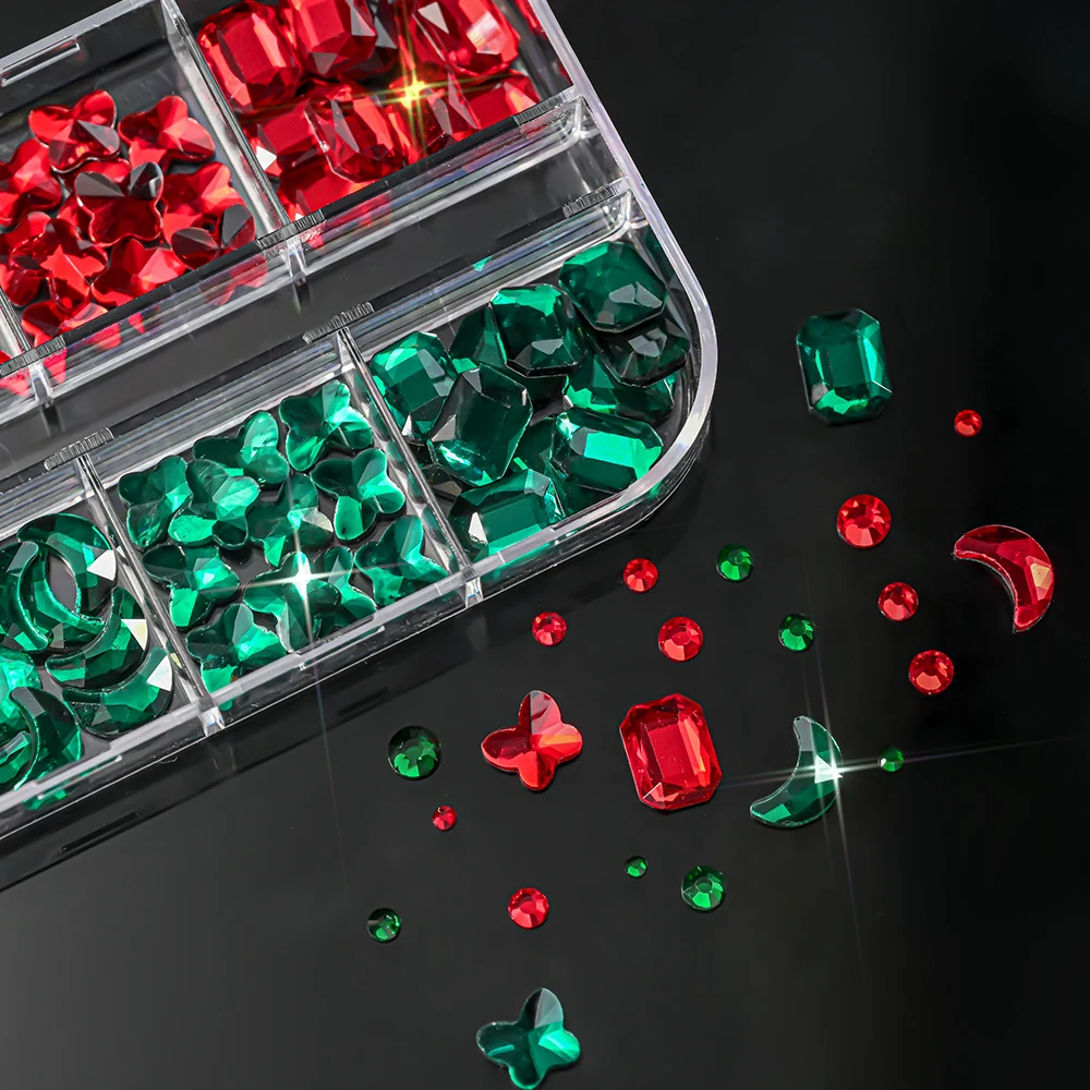 12 grilles de noël rouge vert, pierres précieuses pour ongles, strass à dos plat, papillon lune, forme ronde, cristal, diamant, accessoire de manucure