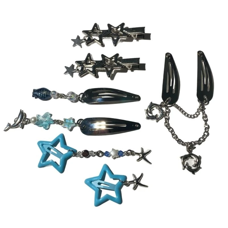 

652F 7Pcs Tassels Star Hairclip Creative Ocean Theme Chain Hair Clip Side Pin Hair Styling Accessory All Age Hair Decoration