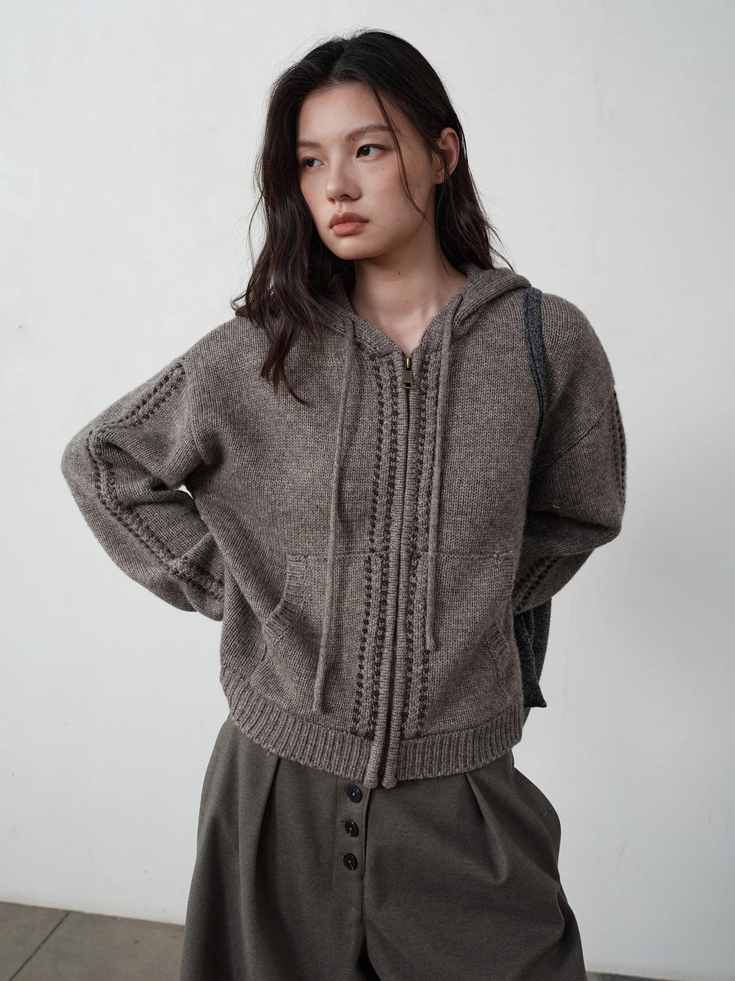 

Something Inhere 33 Wool Blend Zipper Hooded Open Cardigan Sweater Color Blo Knitwear Polyester Acrylic Fiber Autumn Winter