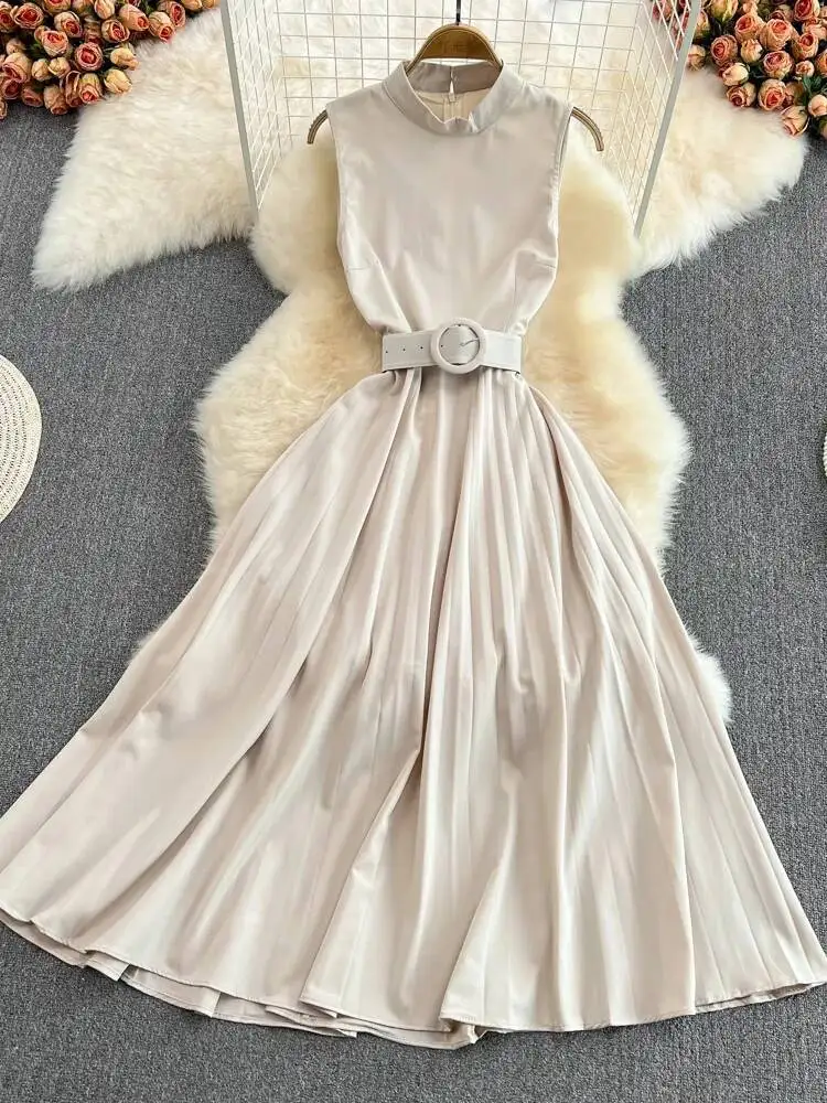 

Женское плиссированное длинное платье, летние повседневные платья без рукавов с высокой талией, женские тонкие трапециевидные платья с высоким воротом, корейский элегантный длинный халат