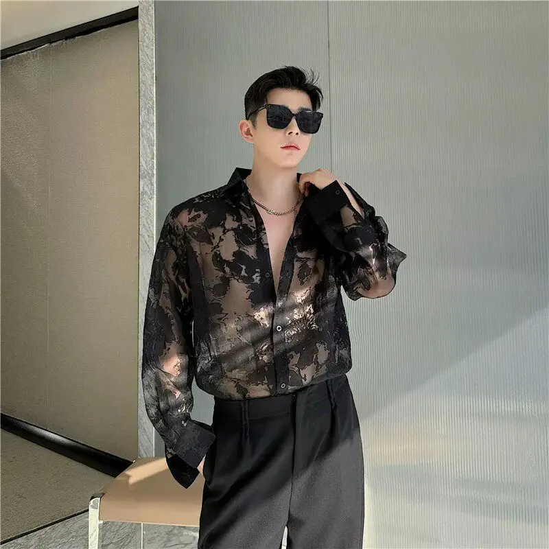Spring Summer Men's Jacquard Mesh Shirt European Casual Fashion High Street Male See Through Sunscreen Long Sleeve Shirts