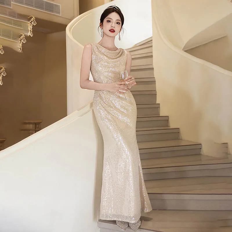 

Champagne Colored Sleeveless Evening Gown Light Luxury Sequined Fishtail Dress Sexy O-Neck Shiny Women's Prom Dresses