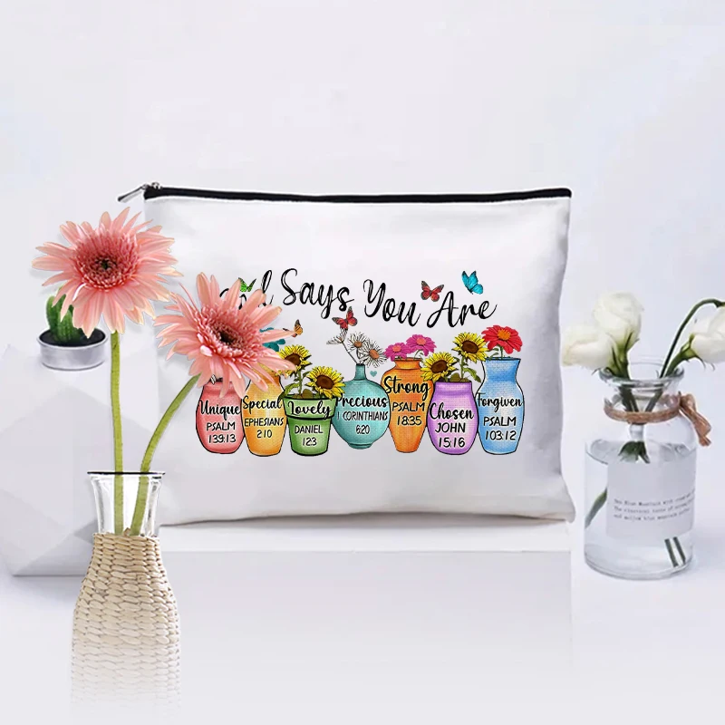 Bolsa de cosméticos de girasol para mujeres, regalos de fe inspiradora, estuche de maquillaje, versículo de la Biblia Floral