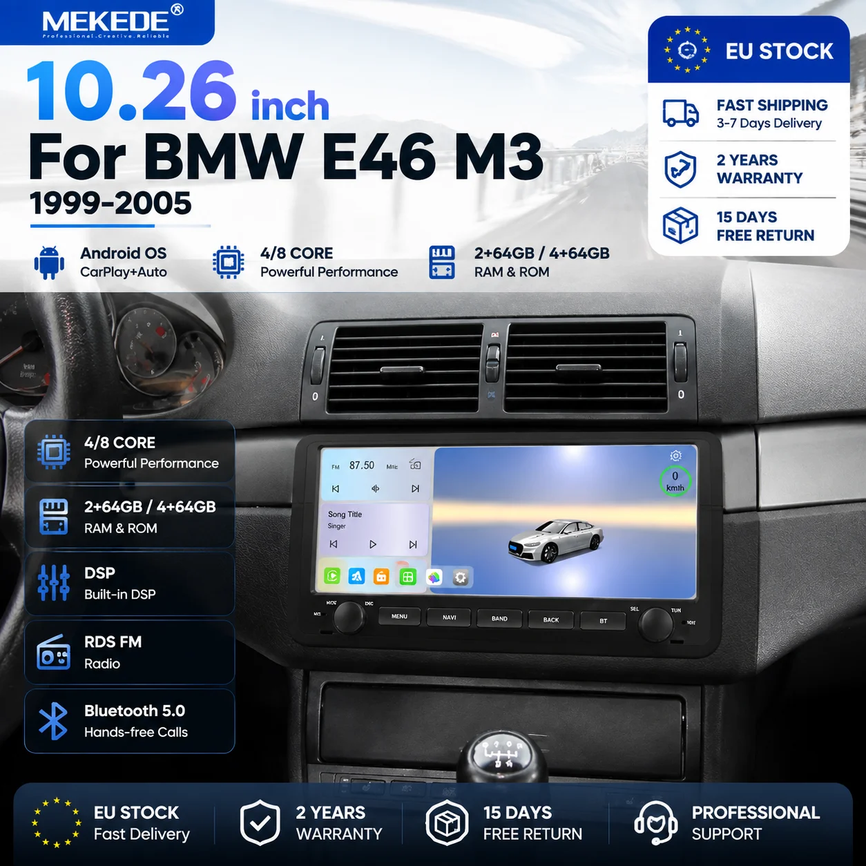 MEKEDE EU-Lager Android OS 10,26 Zoll Touchscreen Kabelloses CarPlay Android Auto 8-Kern 2 Din Autoradio für BMW E46 M3 Rover 75 Coupe 318/320/325/330/335 GPS-Navigation FM Audio Stereo Zentraler