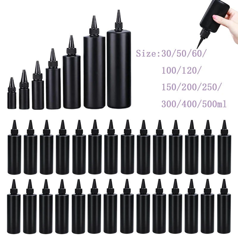 Bouteilles de peinture à presser en plastique PE noir vide, 30ml-500ml, avec bouchons de protection et pointe, conteneurs rechargeables pour huile pigmentée, DIY bricolage, 5 pièces