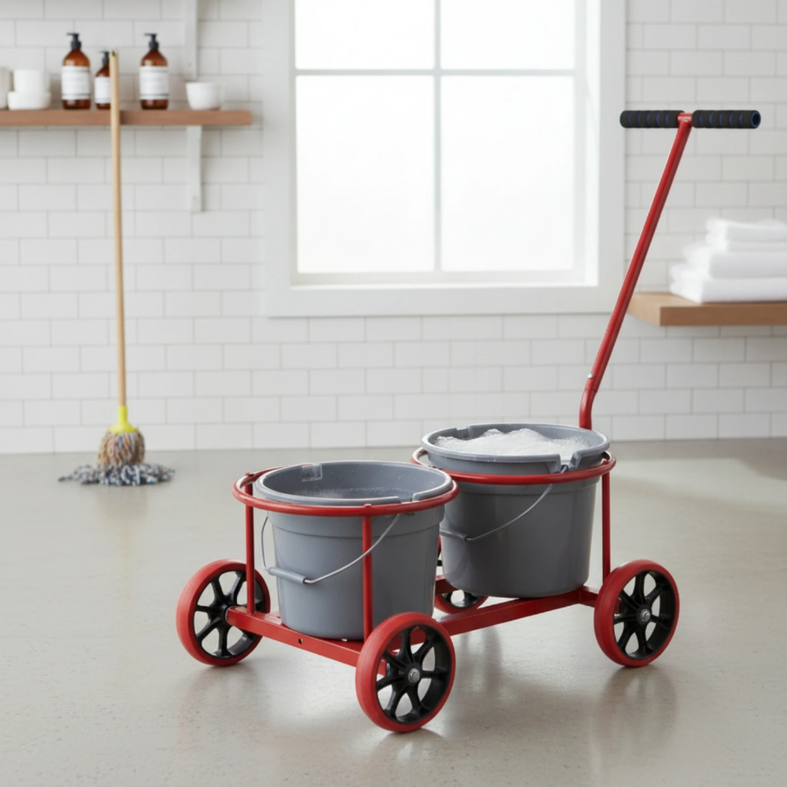 Rolling Cart with Pail Rings Mobile Pail Cart Hand Truck Sturdy for Cleaners, Garages, Workshops