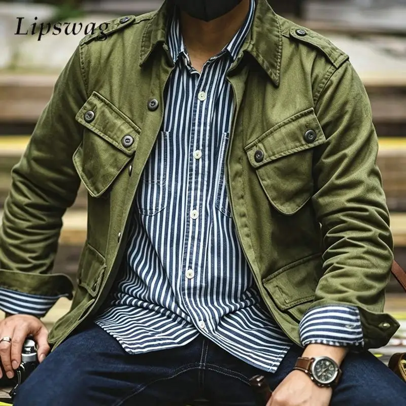 Outdoor Casual Mens Cargo Coats Autumn Vintage Multiple Pocket Button-up Jacket Coat Men Stylish Turn-down Collar Outerwear