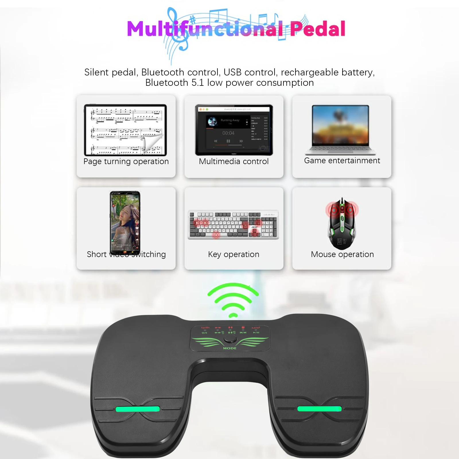 Wireless Page Turner Pedal Music Page Turner for Tablets Smartphones BT Foot Page Turner Rechargeable with Anti-Skid Pad