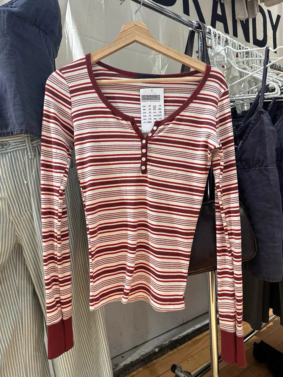 

Red Striped Vintage Long Sleeve T-shirt Woman Buttons Round Neck Patchwork Basic Tee Shirts Preppy Style Sweet Slim Tshirts Y2k