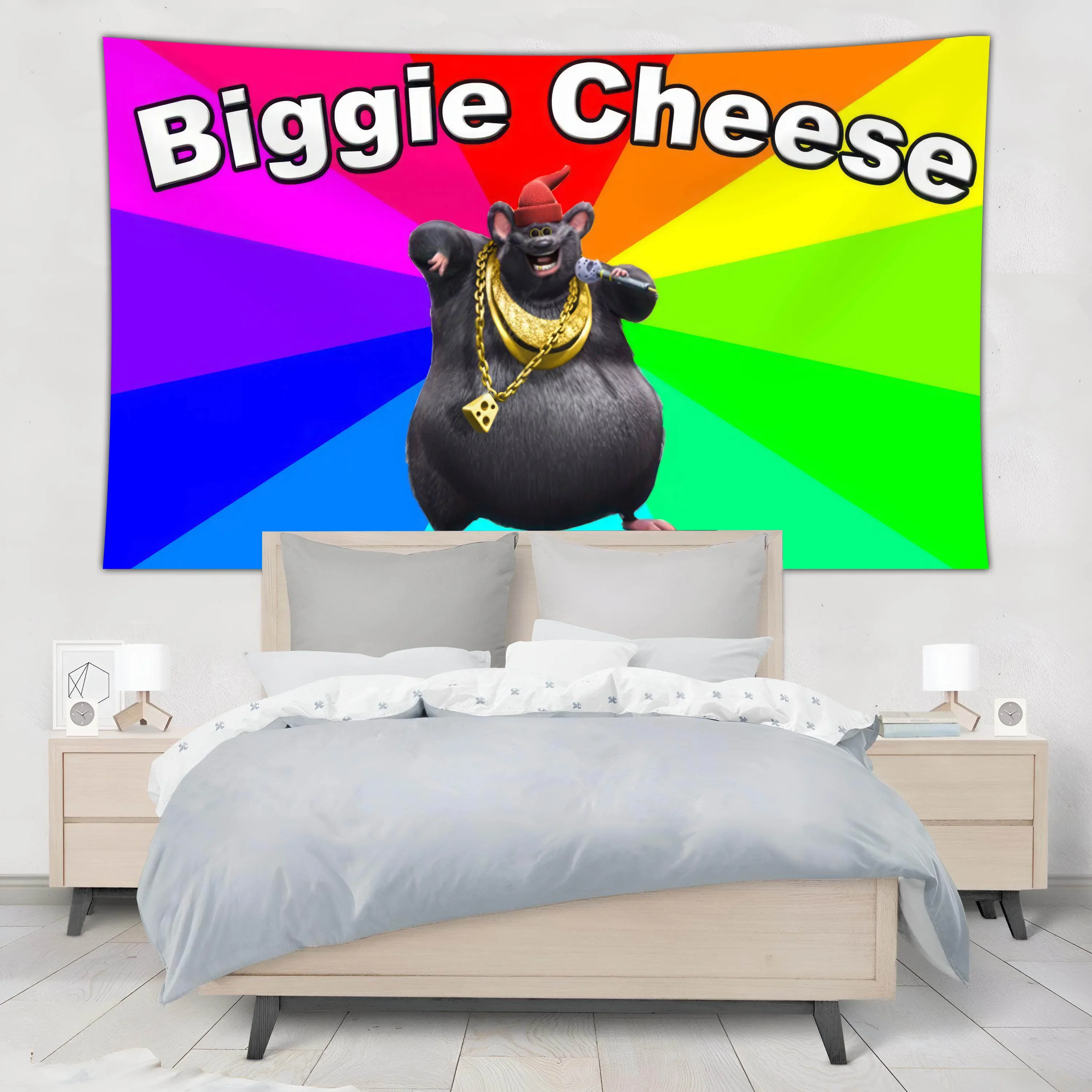 Biggie Cheese Meme Tapestry Kawaii Anime Mouse Tapestry Wall Hanging Aesthetic Banner Room Decor Lace Christmas