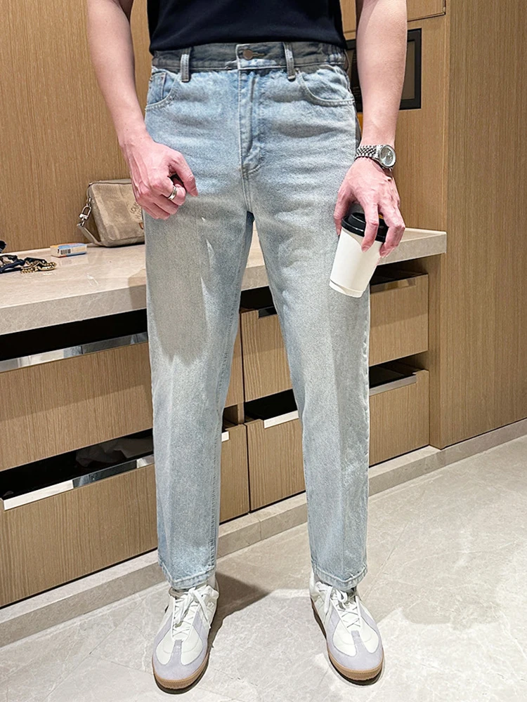 

Light Wa Men's Straight Leg Jeans Faionable Retro Sle Wear Resistant Slim Fit Casual Long Pants mid High Waist Cotton D...