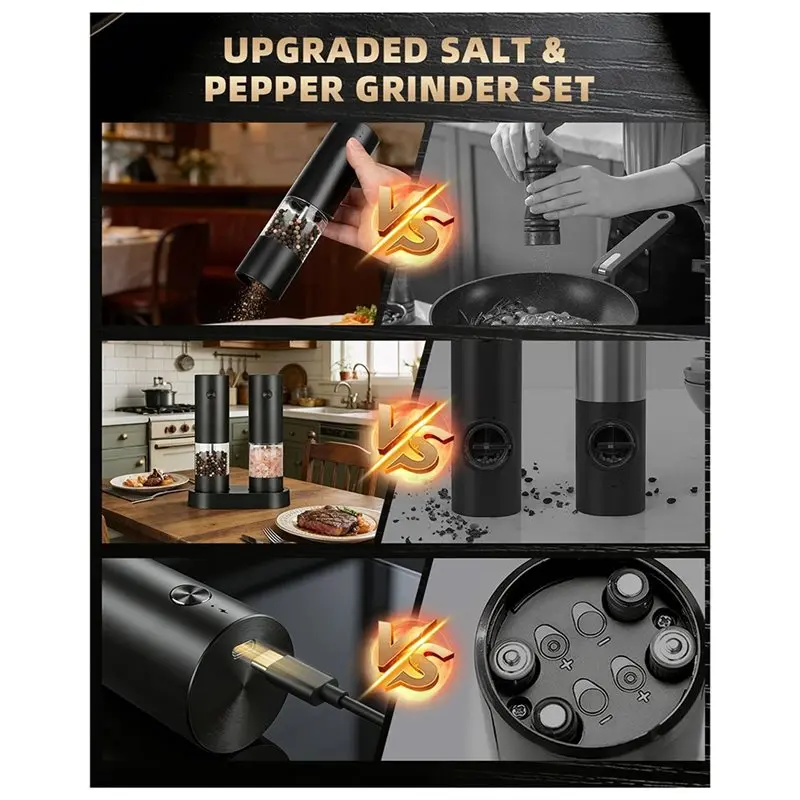 AT19-Rechargeable Electric Salt And Pepper Grinder Set, Automatic USB-C Mill Charging, Adjustable Coarseness, One-Hand Operation