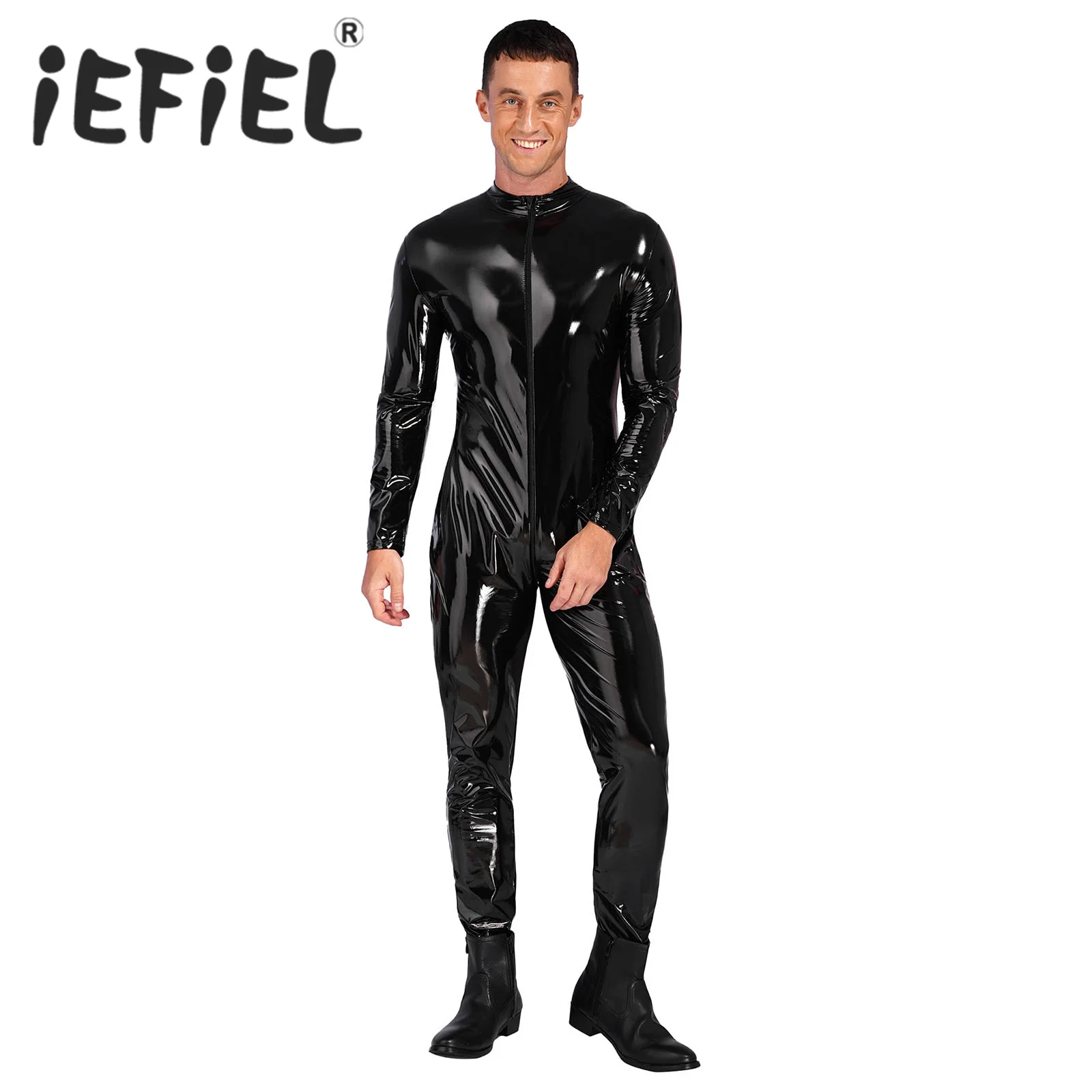 

Mens Wetlook Sexy Jumpsuit Stand Neck Long Sleeve Catsuit Party Clubwear Patent Leather Bodysuit Romper for Nightclub Dancing