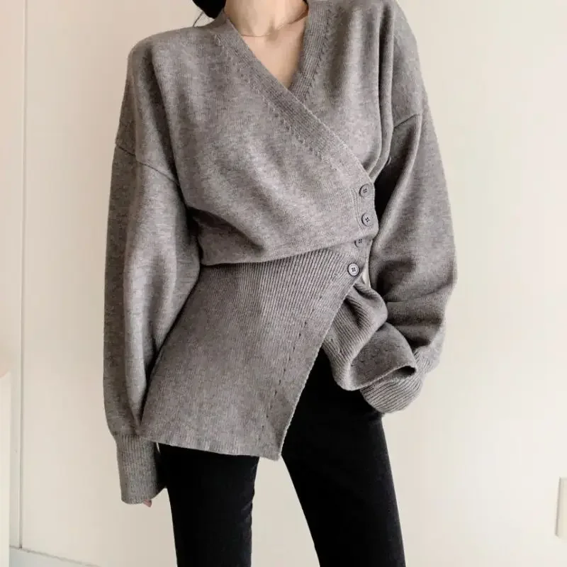 Korean Fashion Asymmetric Buttons Long Sleeve Knitted Cardigan Autumn Winter Solid V-neck Harajuku Slim Sweaters Jumper ZL211