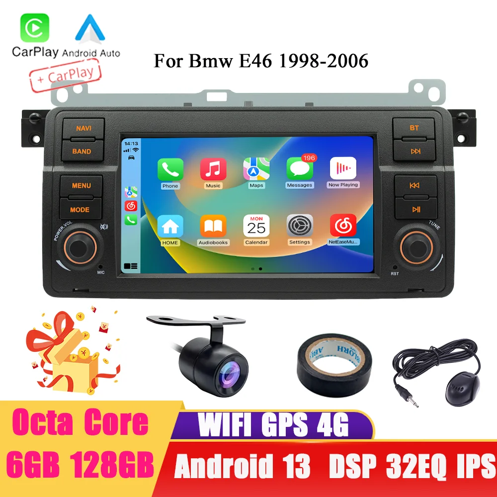 BQCC 7 inch Octa Core Android 13 GPS WIFI 4G BT FM Navigation Car Stereo Mirrorlink RDS Carplay Car Radio For Bmw E46 1998-2006