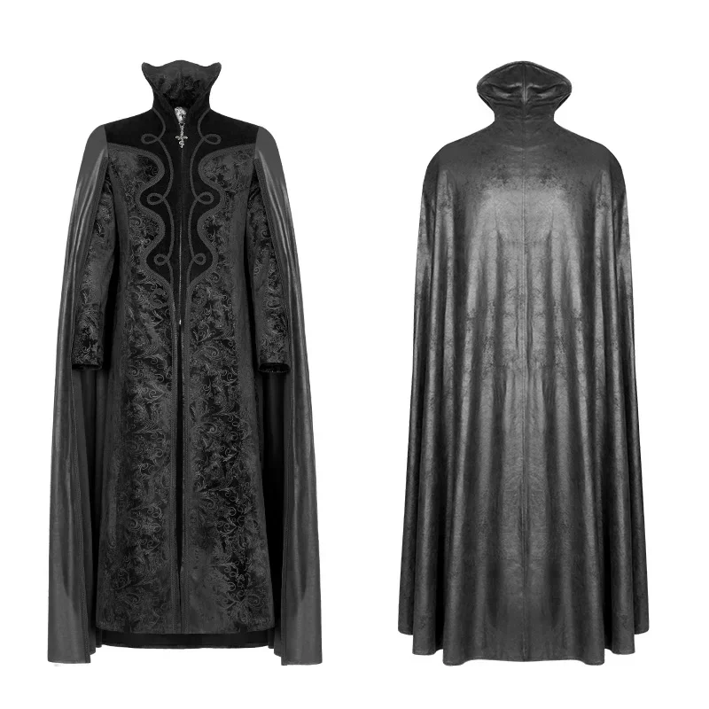 PUNK RAVE Gothic Night Count Cloak Men Clothes Halloween Party Christmas Long Coat Embossed Velvet Jacket Outwear