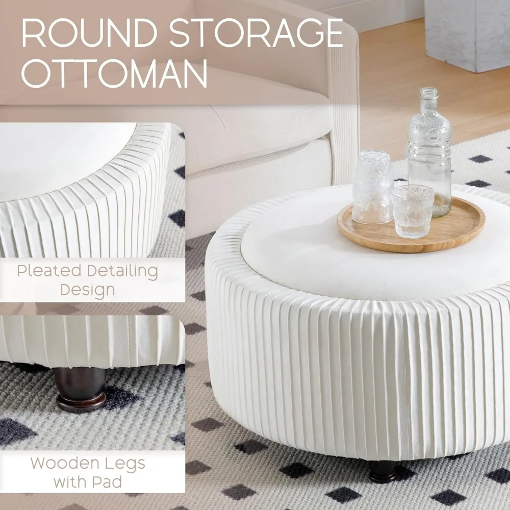 مسند تخزين دائري مخملي مقاس 30 بوصة، طاولة قهوة حديثة ذات ثنيات دائرية مع سطح قابل للإزالة، قدم عثمانية منجدة