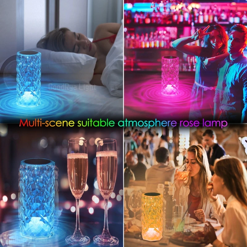 LED Round Crystal Table Lamp Touch Remote Control RGB Romantic Rose Colour Changing For Bedroom Bedside Decoration Night Lights