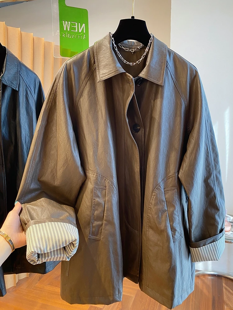 アメリカンレトロハイエンドレザージャケット女性用ミッドレングストレンディアウターウェア秋の新作多用途ジャケット上半身用