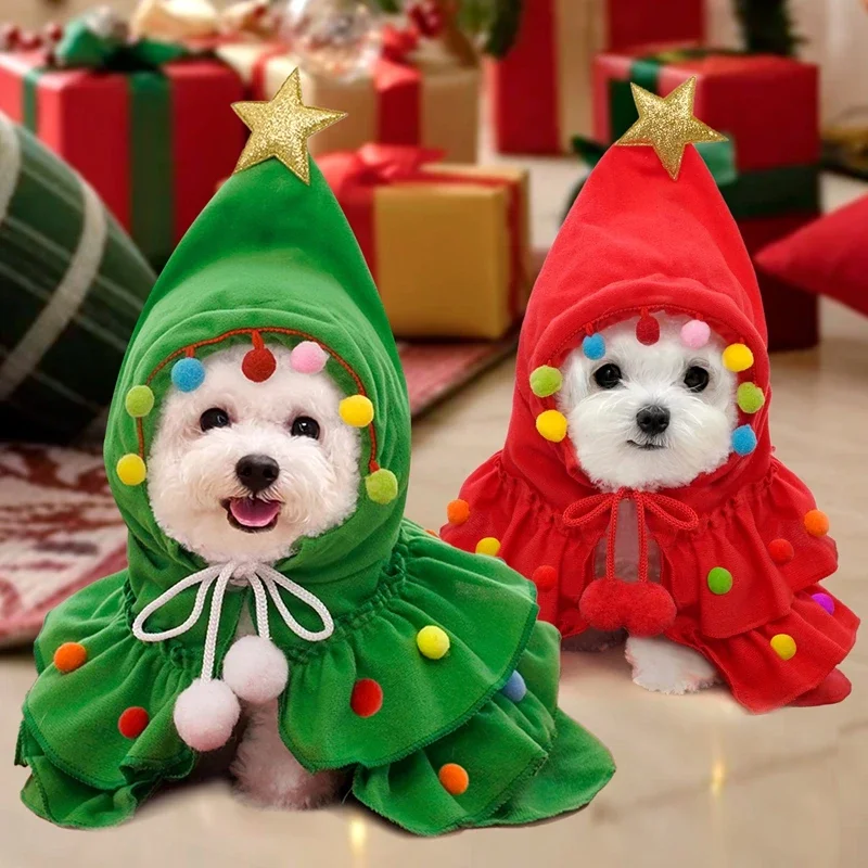 Pet Cat Dog Christmas Costumes Xmas Cloak with Stars and Pompons Christmas Cape Festive Pet Apparel Clothing for Small Dogs Cats