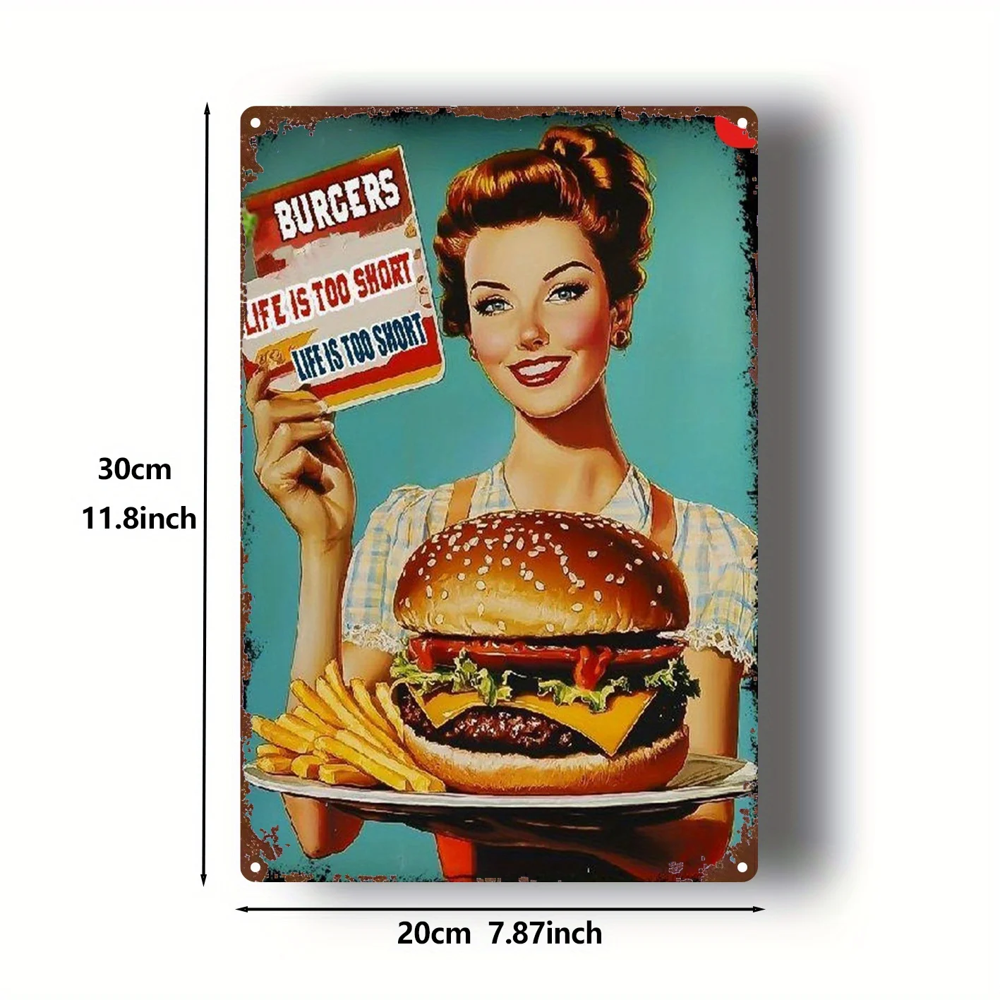 ديكور حائط معدني عتيق من الخمسينيات القرن العشرين همبرغر وبطاطس - ملصق لافتة ريترو للوجبات السريعة للمطبخ والبار والمقهى - 8 × 12 بوصة