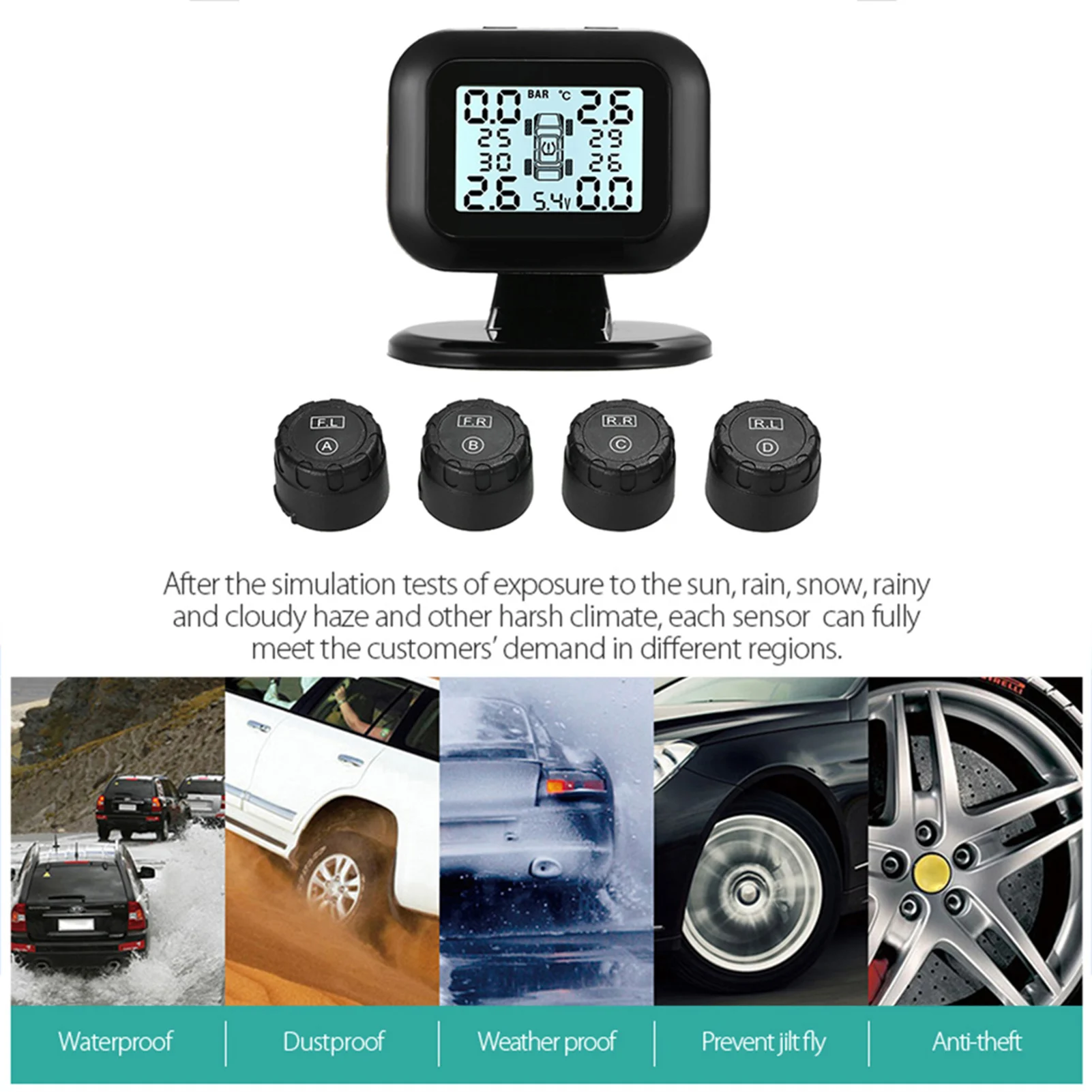 TPMS Tire Pressure Monitoring System Wireless Real-time LCD Display 4 External Sensors Alarm Function