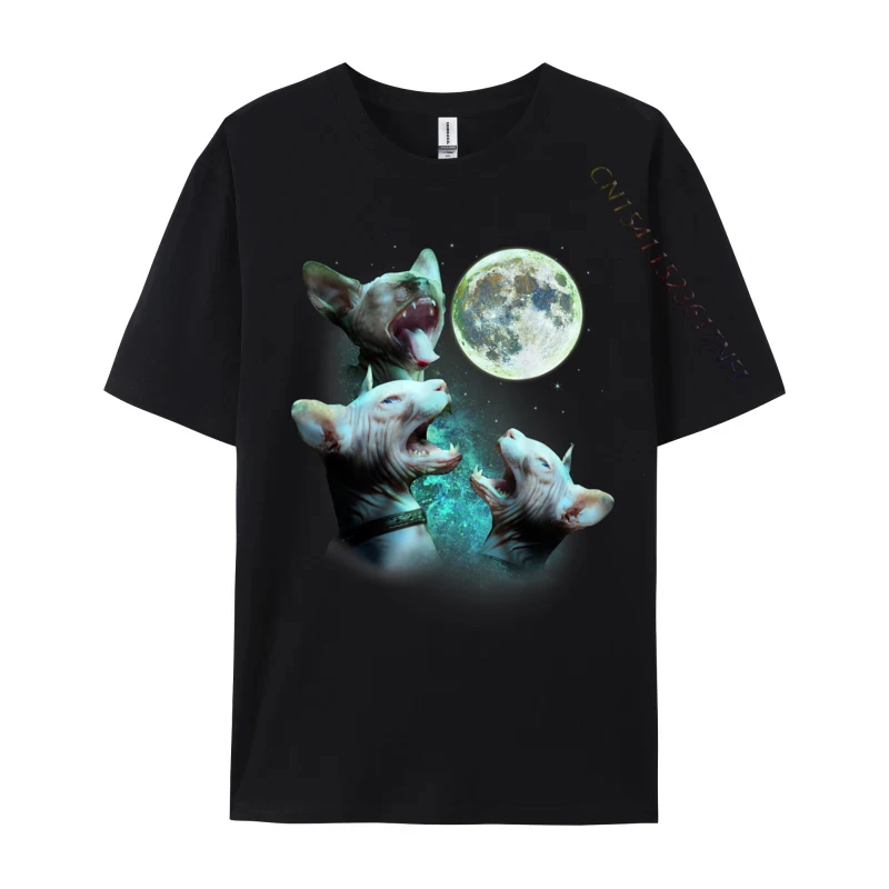 Three Hairless Sphynx Cats Howl At Moon 3 Wolfs Funny Parody Tees Casual Cheap Casual Cotton Fabric Men Top T-shirts Casual