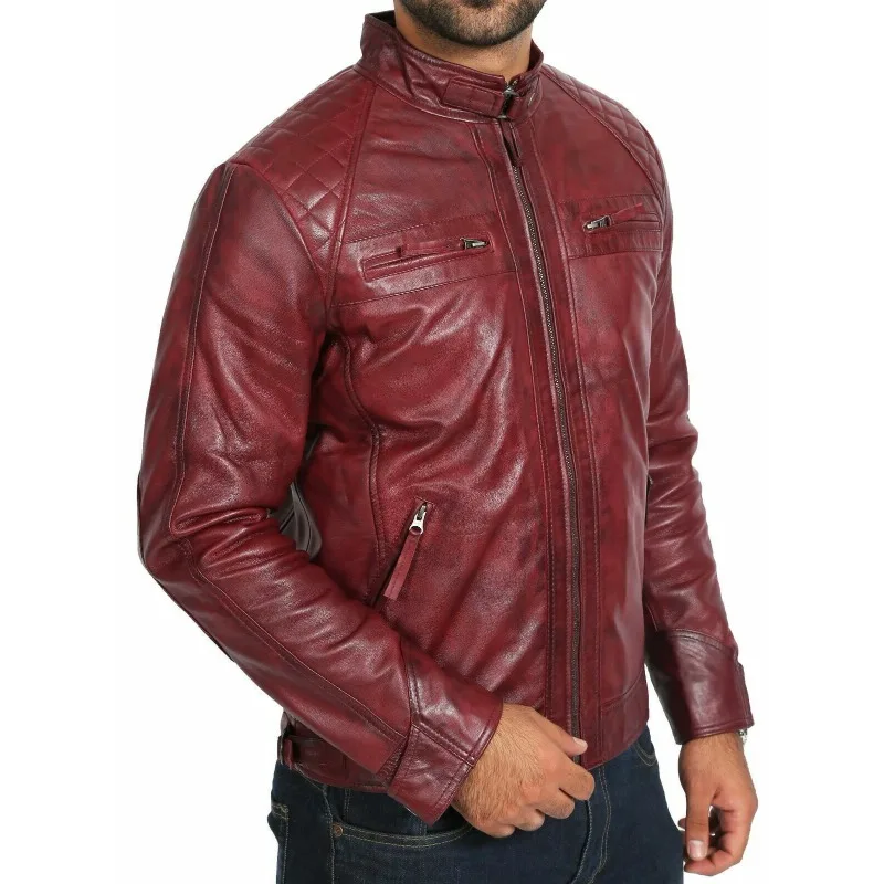 

Men's Genuine Sheepskin 100% Leather Jacket Motorcycle Biker Slim URBAN Red Coat