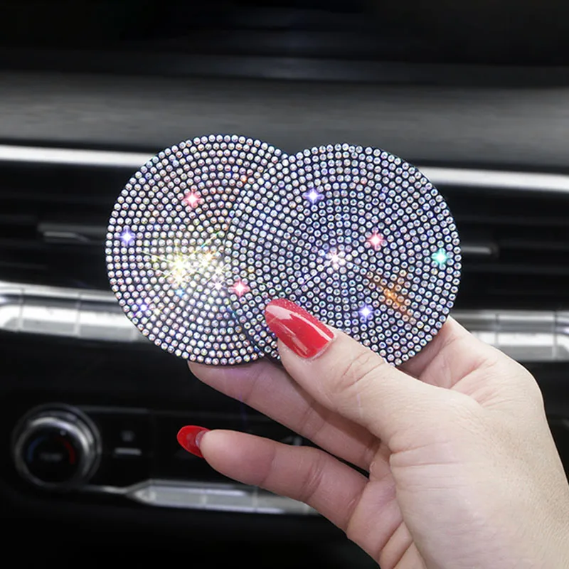 2PCS Diamond Car Coaster Water Cup Slot Non-Slip Mat Silica Gel Pad Cup Holder Mat Gadget Bling Waterproof Car Interior Accessor
