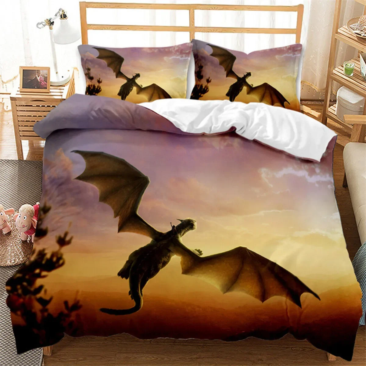 Ancient Wild Animals Flying Dragon Duvet Cover Gothic Theme Monster for Children Boys Teen for Bedroom Decorations Queen King