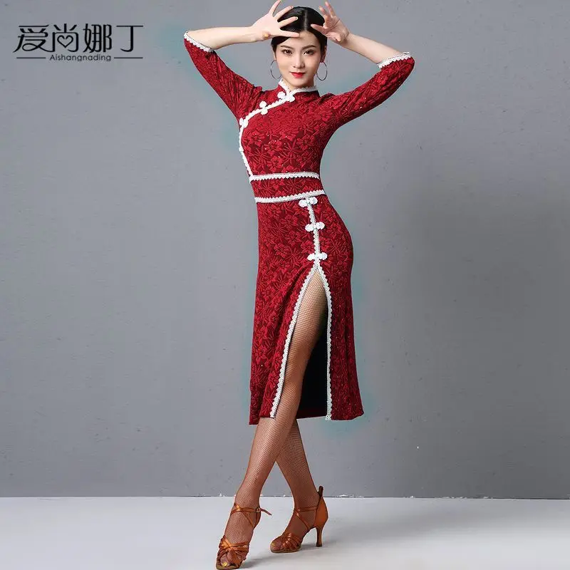 Chinese Style Cheongsam Latin Dance Performance Costume Set New Woman Modern Waltz Dance Dress Ballroom Dance Skirt