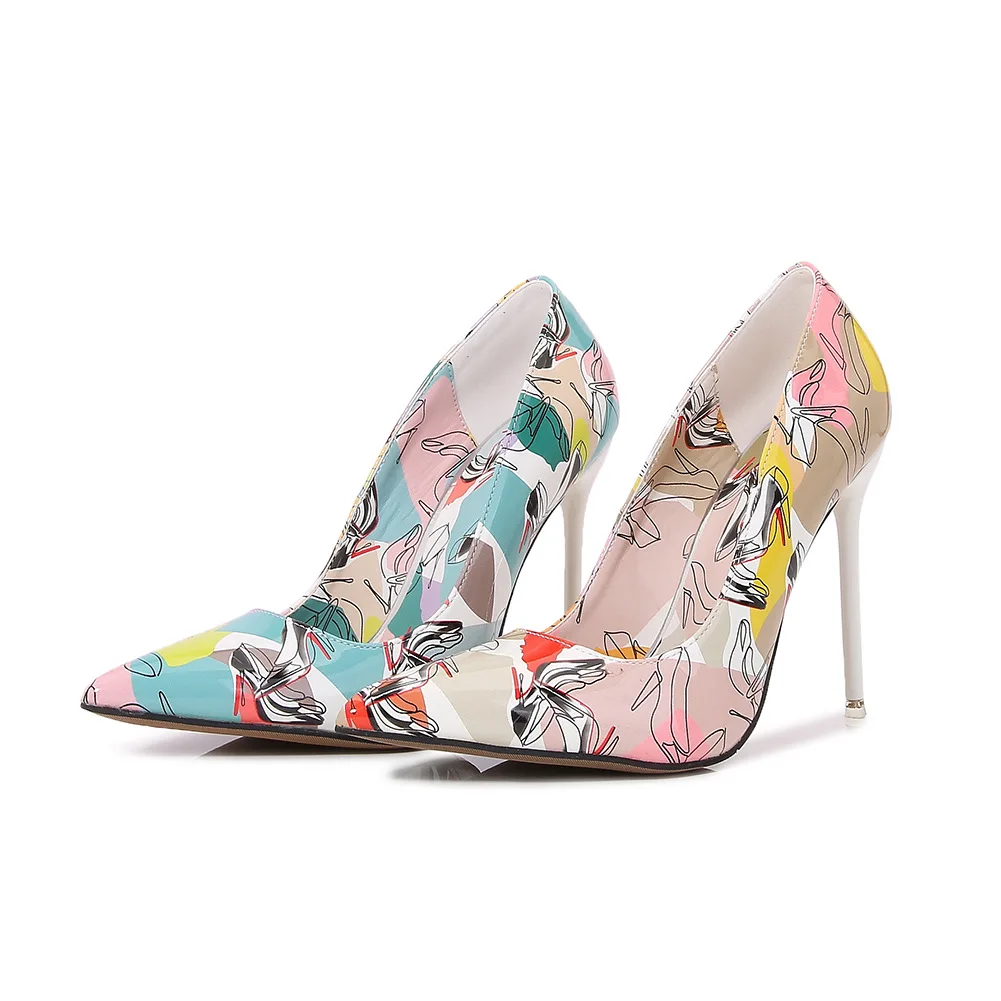 Women Heels Graffiti Colorful Bridal Shoes Women Pumps Sexy High Heels Pointed Toe Party Wedding Shoes Stiletto Plus Size 35-42