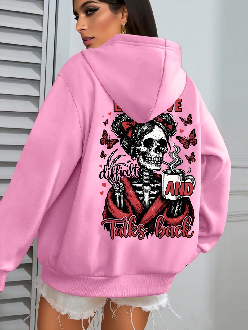 高価なトークバックコーヒーバタフライスカルプリント女性パーカー秋パーカーカジュアルルーズプルオーバージョギングポケットスポーツウェア