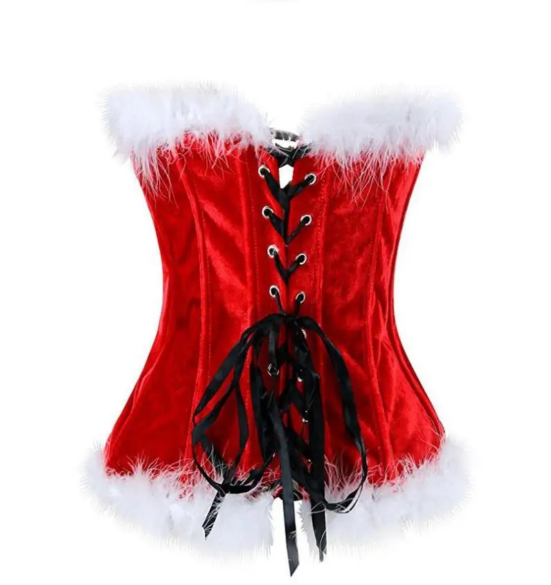 Women Red Christmas Corset Overbust White Artificial Fur  Trim Waist Training Bustier