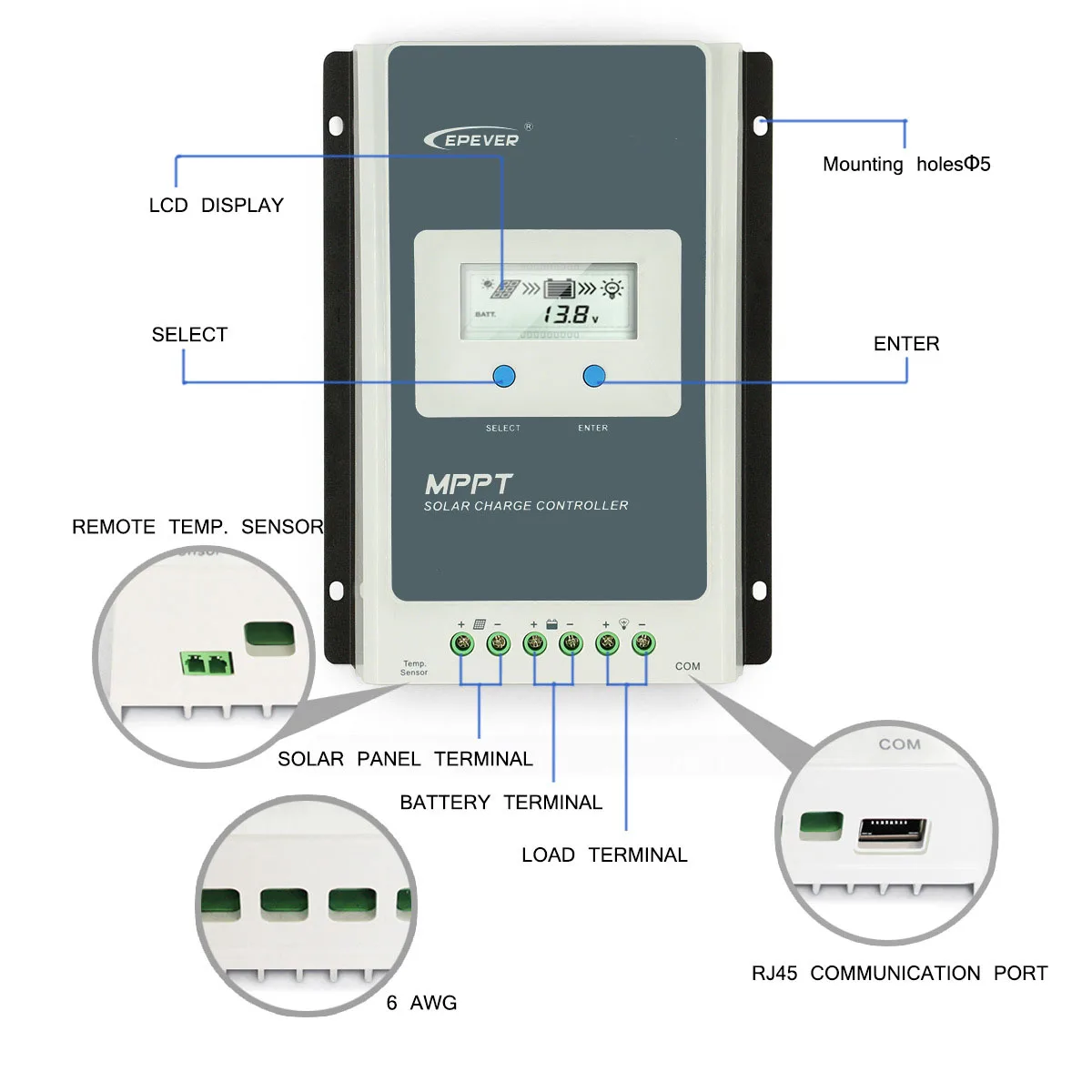 EPever MPPT 40A 30A 20A 10A Solar Charge Controller 12V 24V Auto Solar Panel Regulator Solar Battery Charger Tracer3210AN 4210AN